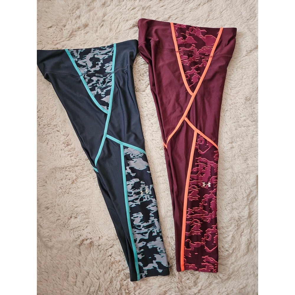 Lot of 2 Under Armour HeatGear Compression Crop Leggings Large Maroon Teal